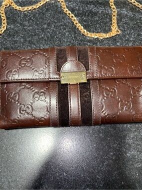 Gucci Chocolate Brown Embossed GG Chain Wallet with Gold Hardware
